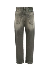 Jeans in denim grigio con design sbiadito, vestibilità a gamba dritta, cinque tasche e etichetta applicata sulla vita posteriore.