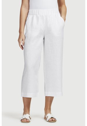 Weiße Leinen-Culottes mit einem elastischen Bund, seitlichen Taschen, weitem Bein Design und einer glatten Textur. Abgeschlossen mit einem umgeschlagenen Saum.