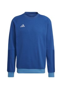 Blauwe sweatshirt van textuurstof, met een geribde ronde hals, lange mouwen met aansluitende manchetten en drie witte strepen op de borst.