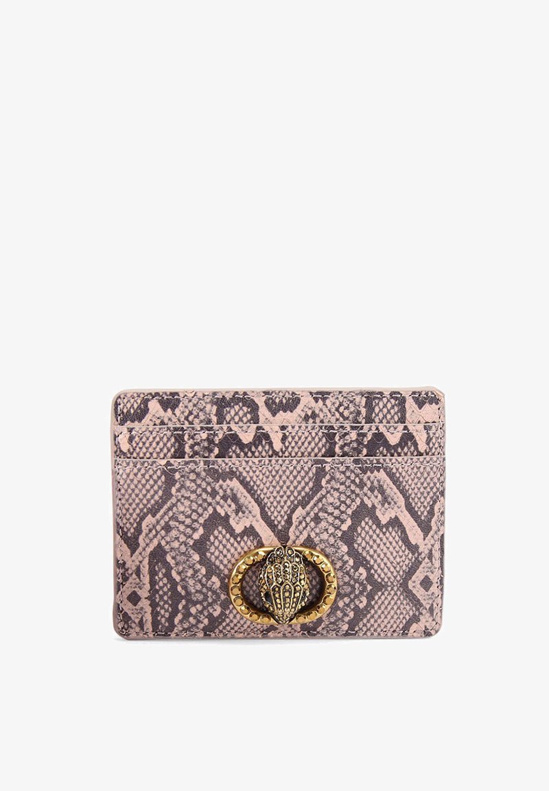 Cardholder made of textured pink snake-print leather, featuring an ornate gold hardware accent at the front and multiple card slots.