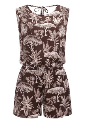 Ärmelloser brauner Overall mit weißem tropischem Baum- und Laubmuster, elastischer Taille und Bindverschluss am hinteren Halsausschnitt.