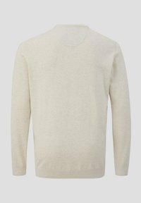 Lichtbeige trui, gebreide textuur, lange mouwen, ronde halslijn, ribgebreide manchetten en zoom, minimalistisch ontwerp zonder patronen of accenten.