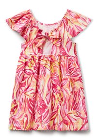 Abito floreale con maniche a sbuffo, realizzato in tessuto leggero nei toni di rosa, giallo e bianco. Presenta un dettaglio a fiocco e una gonna arricciata.