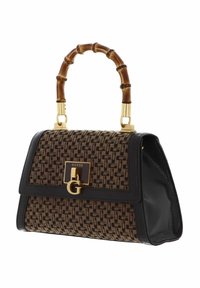Borsa a mano marrone con motivo, manico in bamboo, finiture in oro e base nera testurizzata. Presenta una chiusura con logo prominente sulla parte anteriore.