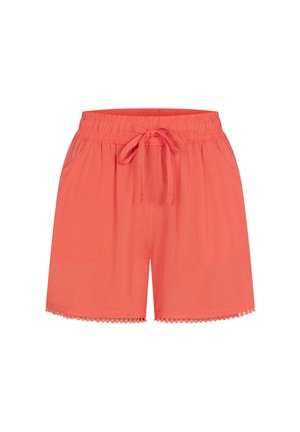 Koralfarvede dame-shorts med elastisk talje, justerbar snor, sidelommer og dekorativ kant langs kanten.