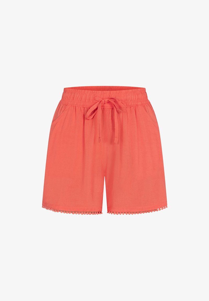 Shorts pour femmes de couleur corail avec taille élastique, cordon réglable, poches latérales et finition décorative le long de l'ourlet.