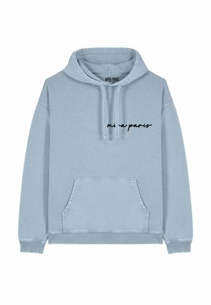 Lichtblauwe hoodie met een trekkoordcapuchon, een voorzak en zwarte cursieve tekst "mi ra paris" op de borst. Katoenen stof, relaxed fit.