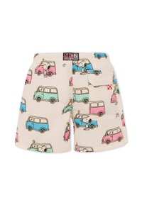 Shorts en tissu léger, arborant un motif de voitures colorées en rose, bleu et vert sur fond beige. Comprend une poche latérale.