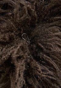 Close-up of dark brown curly hair with a silver earring hooked into the strands at the center.