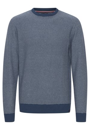 Blue knit sweater with a textured stripe pattern, crew neck, and ribbed cuffs and hem. Material appears soft and medium-weight.