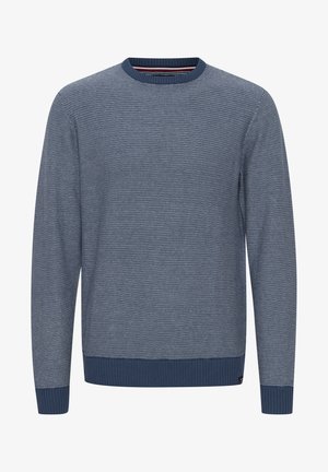 Blue knit sweater with a textured stripe pattern, crew neck, and ribbed cuffs and hem. Material appears soft and medium-weight.