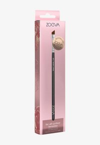 Svart vinklad eyelinerpensel i ett klart plastfodral; rosa förpackning med guldaccenter; märkt "för alla eyelinerformler" och "bästsäljare."