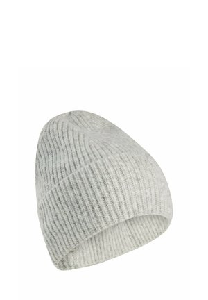 Gray knit beanie hat with a ribbed texture and a folded cuff, featuring a slight slouch at the top. Scalloped edge design detail.