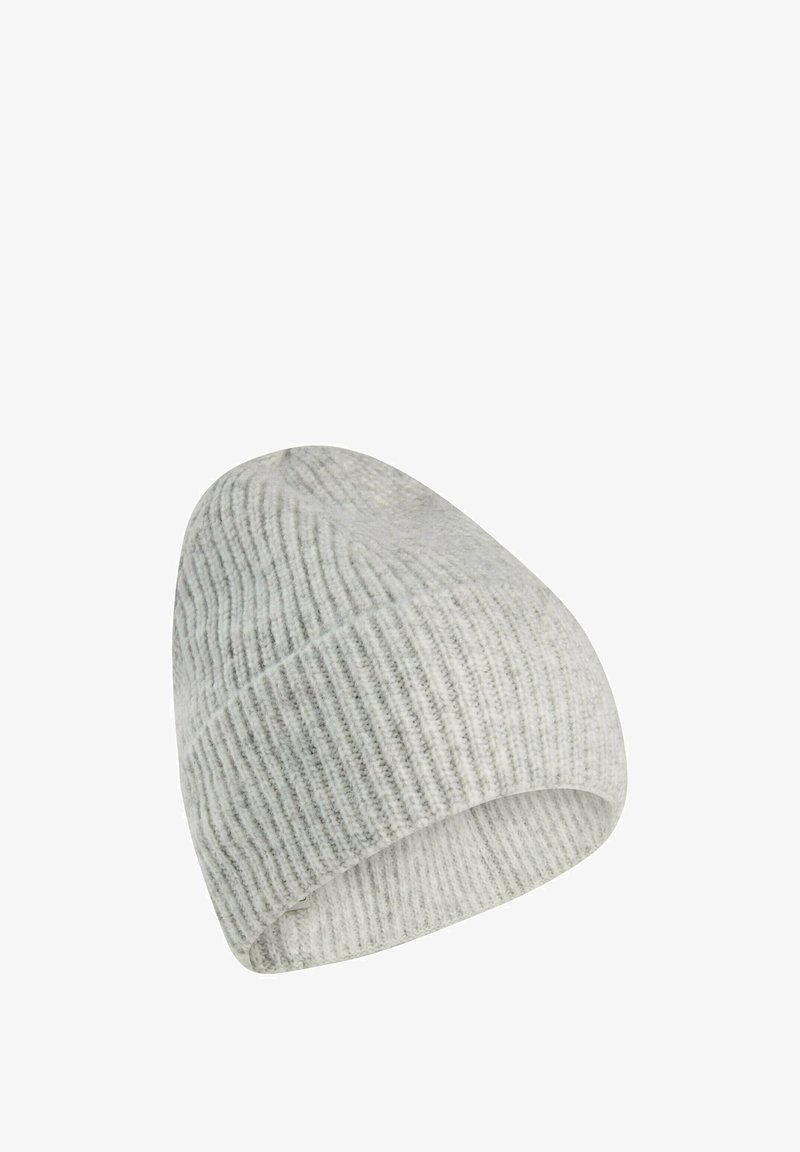 Gray knit beanie hat with a ribbed texture and a folded cuff, featuring a slight slouch at the top. Scalloped edge design detail.