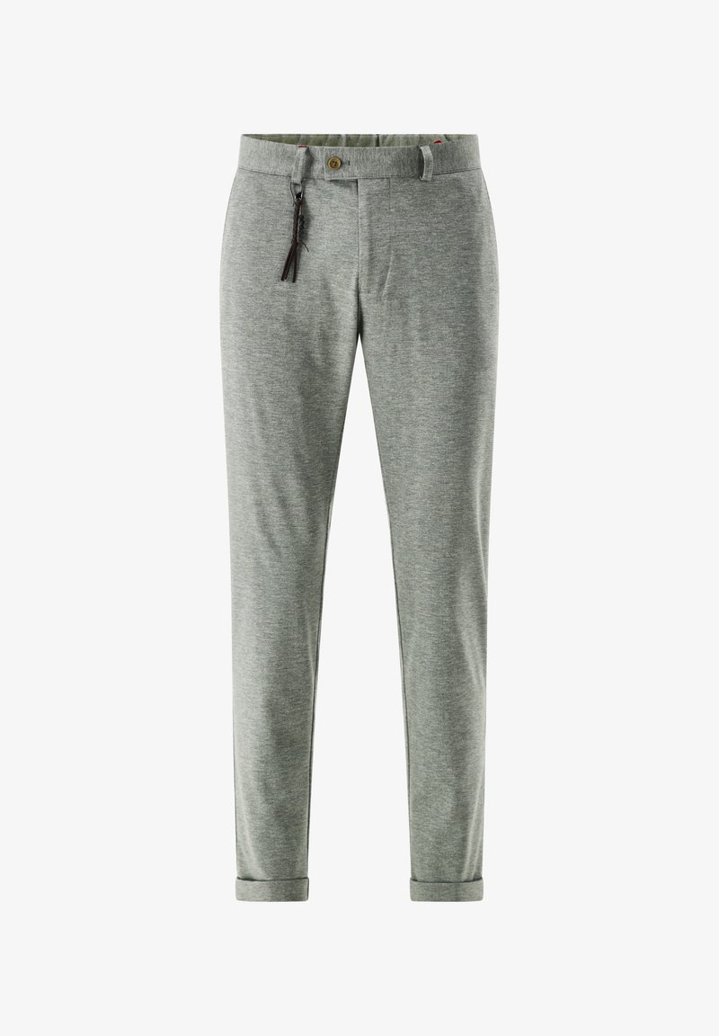 Gray tapered pants made of soft fabric, featuring a button closure, rolled cuffs, and a decorative zipper pull with tassels.