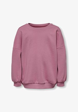 Lyserød sweatshirt lavet af blødt stof, med rund halsudskæring, lange puffede ærmer og en tætsiddende talje nederst.