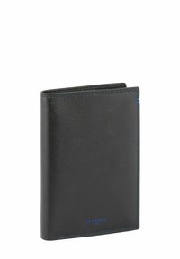 Portafoglio in pelle nera con una texture liscia, caratterizzato da cuciture blu e un piccolo logo in rilievo nella parte inferiore. Forma rettangolare e design minimale.
