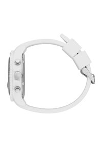Orologio in silicone bianco con quadrante rotondo, hardware argentato, tre pulsanti e una chiusura. Texture liscia con un design pulito e minimalista.