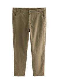Pantalon kaki en coton léger, présentant une coupe droite, des poches latérales et une fermeture à bouton avec de subtils détails de couture.