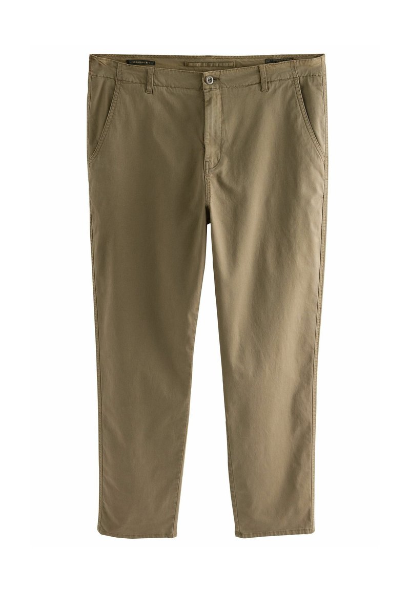 Pantalon kaki en coton léger, présentant une coupe droite, des poches latérales et une fermeture à bouton avec de subtils détails de couture.
