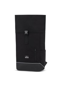 Rucsac negru cu design tip roll-top, fabricat dintr-un material durabil. Dispune de un buzunar frontal cu fermoar, un buzunar lateral și o bandă reflectorizantă în partea de jos.