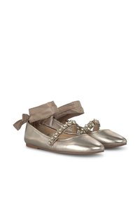 Des ballerines métalliques dorées avec un nez pointu, une sangle ornée de strass, et des rubans en soie noués à la cheville. Design à talon plat.