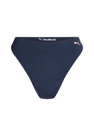 Culotte haute pour femme bleu marine avec les logos Modibodi et Puma en blanc et rose sur la ceinture.