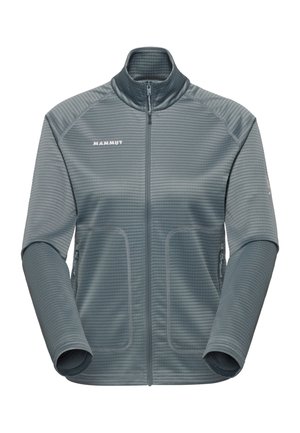 Szara bluza polarowa na suwak z prążkowaną fakturą, wysokim kołnierzem, bocznymi kieszeniami na zamek oraz logo "Mammut" na piersi.