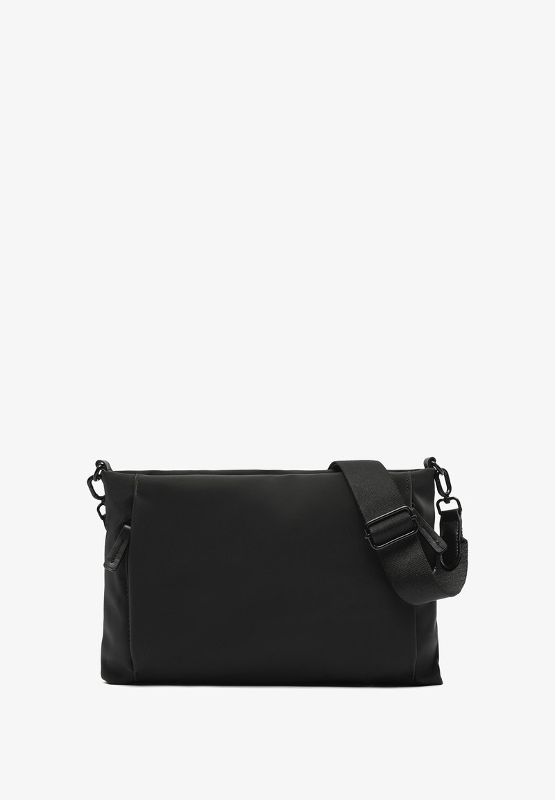 Borsa a tracolla nera realizzata in tessuto morbido, forma rettangolare, dotata di una lunga tracolla regolabile e dettagli con tasca con cerniera.
