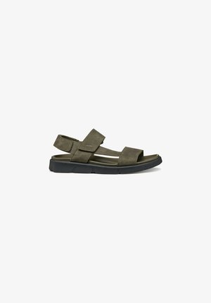 Green suede sandals with two strap design, adjustable buckle, and sturdy black rubber sole. Open-toe and back for breathability.