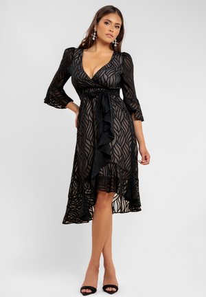 GEO-WAVE FRONT FRILL WRAP MIDI - Vardagsklänning - black