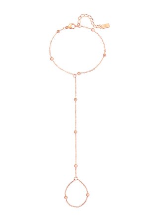 Delicada cadena para la mano de oro rosa con pequeñas cuentas, cierre ajustable, conecta la pulsera de la muñeca al lazo del dedo.