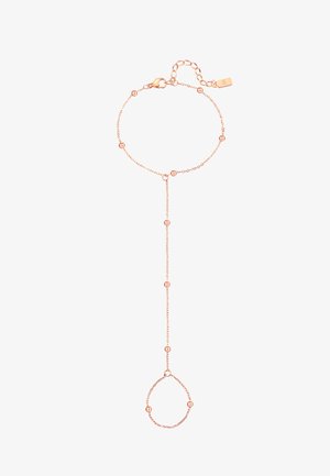 Fijne handketting van roségoud met kleine kralen, verstelbare sluiting, die de polsarmband verbindt met de vingerlus.