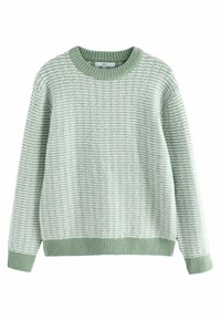 Hellgrüner Strickpullover mit strukturiertem Muster, geripptem Kragen, Bündchen und Saum. Verfügt über einen lockeren Schnitt und ein weiches, atmungsaktives Material.