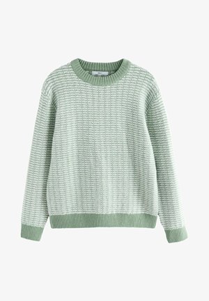 Maglione a maglia verde chiaro con motivo testurizzato, colletto, polsini e orlo a coste. Presenta un fit rilassato e un materiale morbido e traspirante.