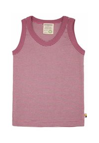 Ärmelloses pinkes Tanktop mit dünnen weißen horizontalen Streifen, aus weichem Baumwollmaterial, verstärktem Hals- und Armlochbereich und einem kleinen Etikett am Saum.