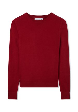 Czerwony sweter dzianinowy z okrągłym dekoltem, długimi rękawami i prążkowanymi mankietami. Gładka tekstura, prosty design, dostępny w rozmiarze małym.