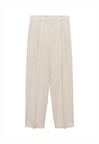 Beige linnen broek met een losse fit, voorzien van voorplooien en een knoopsluiting. Soepele textuur en rechte pijpen.