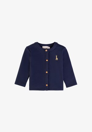 Navy blue long-sleeve cardigan made of soft cotton, featuring five wooden buttons and a small gold giraffe embroidery on the left chest.