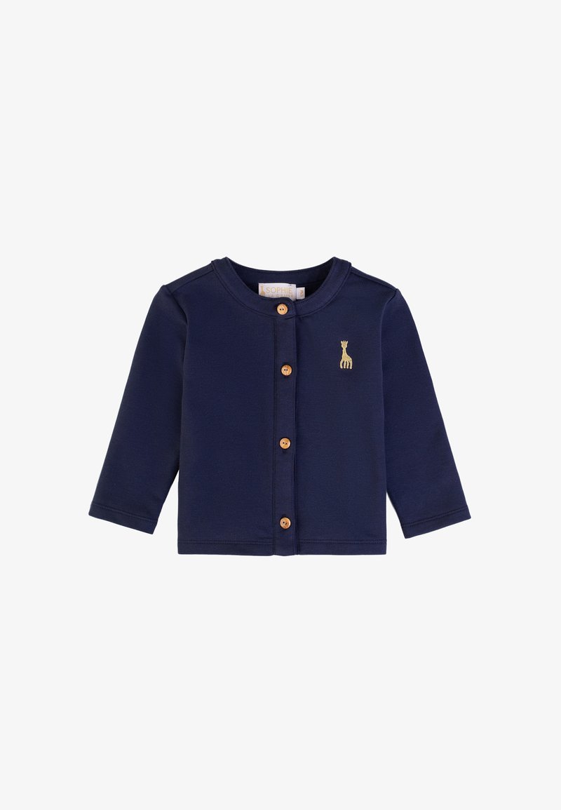 Cardigan a maniche lunghe blu navy realizzato in morbido cotone, dotato di cinque bottoni in legno e una piccola ricamatura di una giraffa dorata sul lato sinistro del petto.