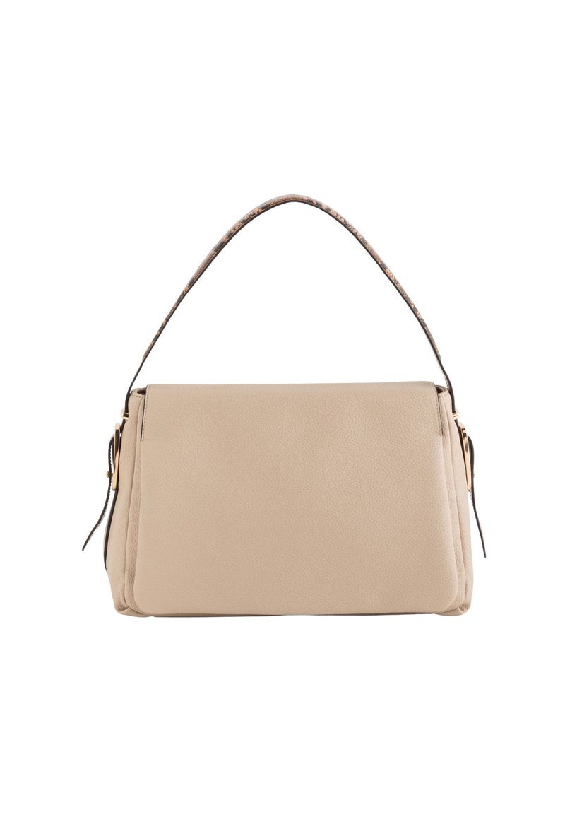 Beżowa skórzana torebka o strukturalnym designie, teksturowanej powierzchni i wzorzystym brązowym pasku na ramię. Posiada złote akcenty w hardware.