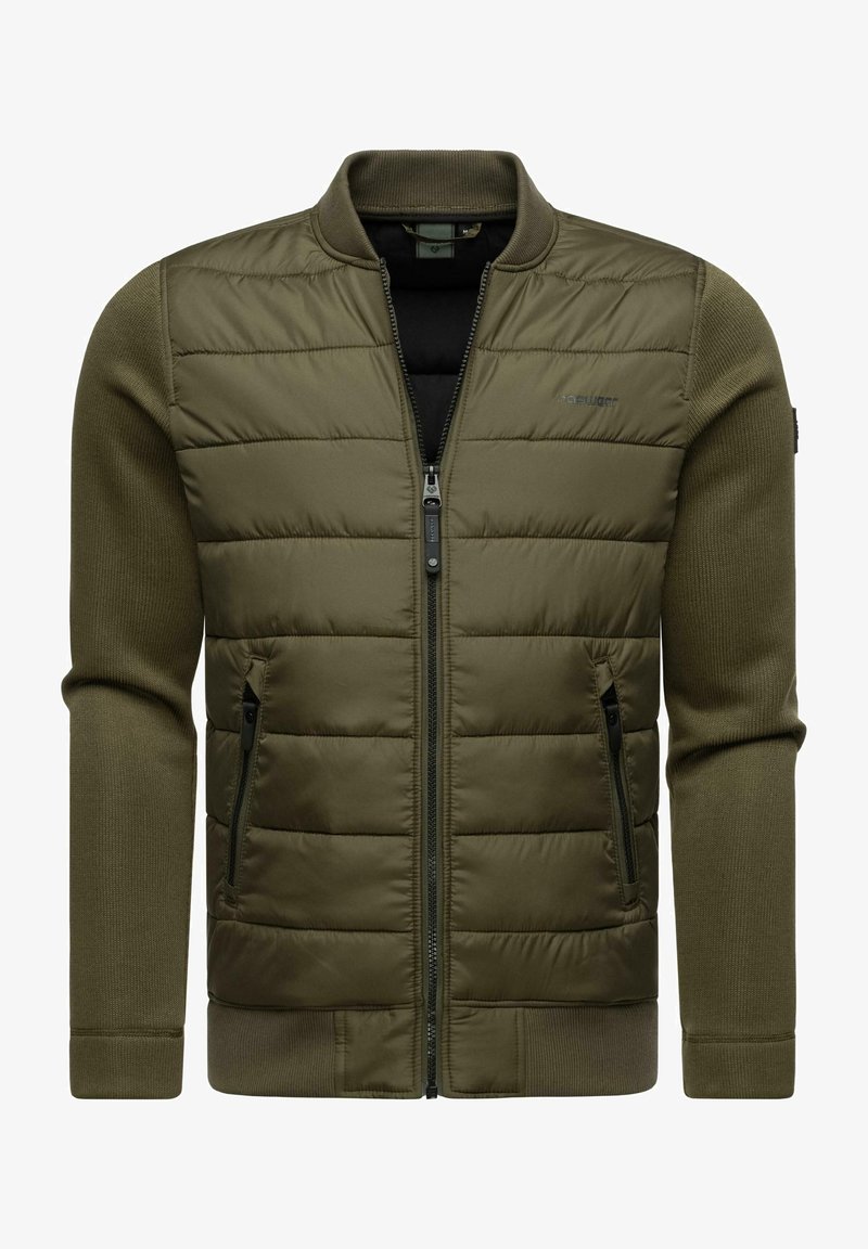 Padded olive green jacket with ribbed knit sleeves and collar, zip front, and two side pockets. Features logo on the upper left chest.
