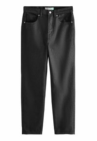 Pantalones de mezclilla negros con corte recto, que cuentan con cinco bolsillos, cremallera y detalles en tono plateado en la cinturilla y los bolsillos.