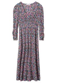 Robe à motifs floraux avec un corsage ajusté, des manches longues et une jupe fluide. Fabriquée en tissu léger dans des teintes de rose, bleu et vert.