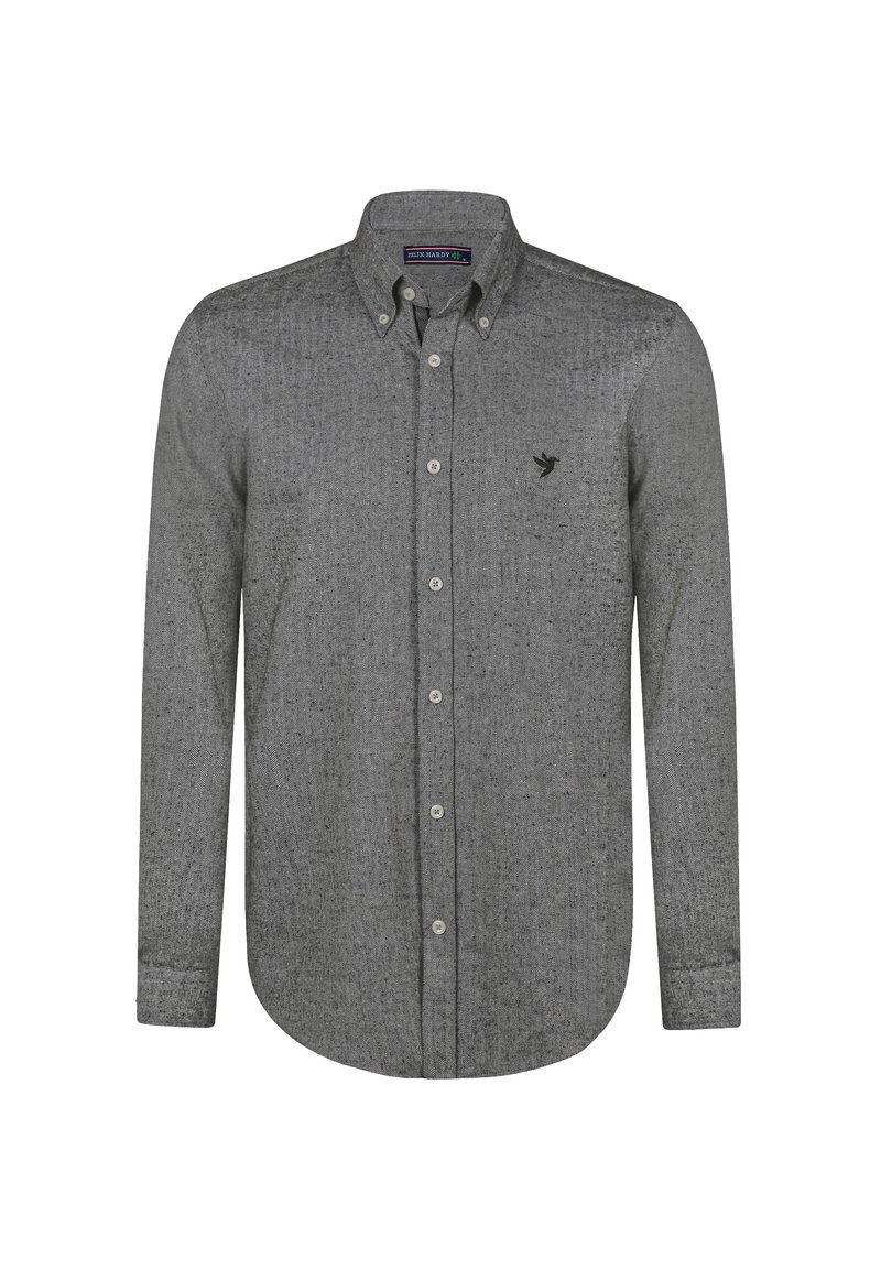 Grijs button-up shirt met lange mouwen van textuurstof, voorzien van een subtiel patroon en een klein zwart logo op de linkerborst.