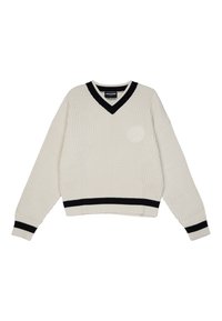 White ribbed sweater with a v-neck, black ribbed trim, and a round, embossed logo on the chest. Long sleeves with black accents at the cuffs.