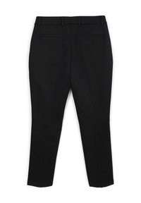 Schwarze maßgeschneiderte Hose mit glatter Textur, schmalem Schnitt und Gesäßtaschen. Entworfen mit geradem Bein und einem eleganten Bund.