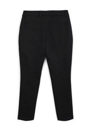 Schwarze Hose mit schmal geschnittenem Design aus glattem Stoff. Verfügt über zwei Gesäßtaschen und Gürtelschlaufen. Gerade Beinform ohne Muster.