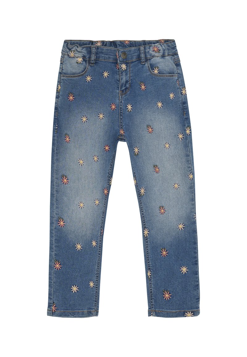 Jeans i denim med blått tyg och flerfärgad blomstermönstring, fem fickor och knappstängning. Rakt ben, medel ton.