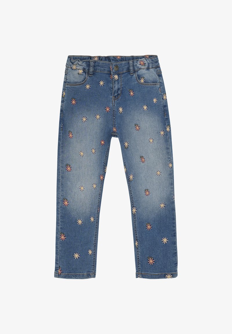Jeans i denim med blått tyg och flerfärgad blomstermönstring, fem fickor och knappstängning. Rakt ben, medel ton.